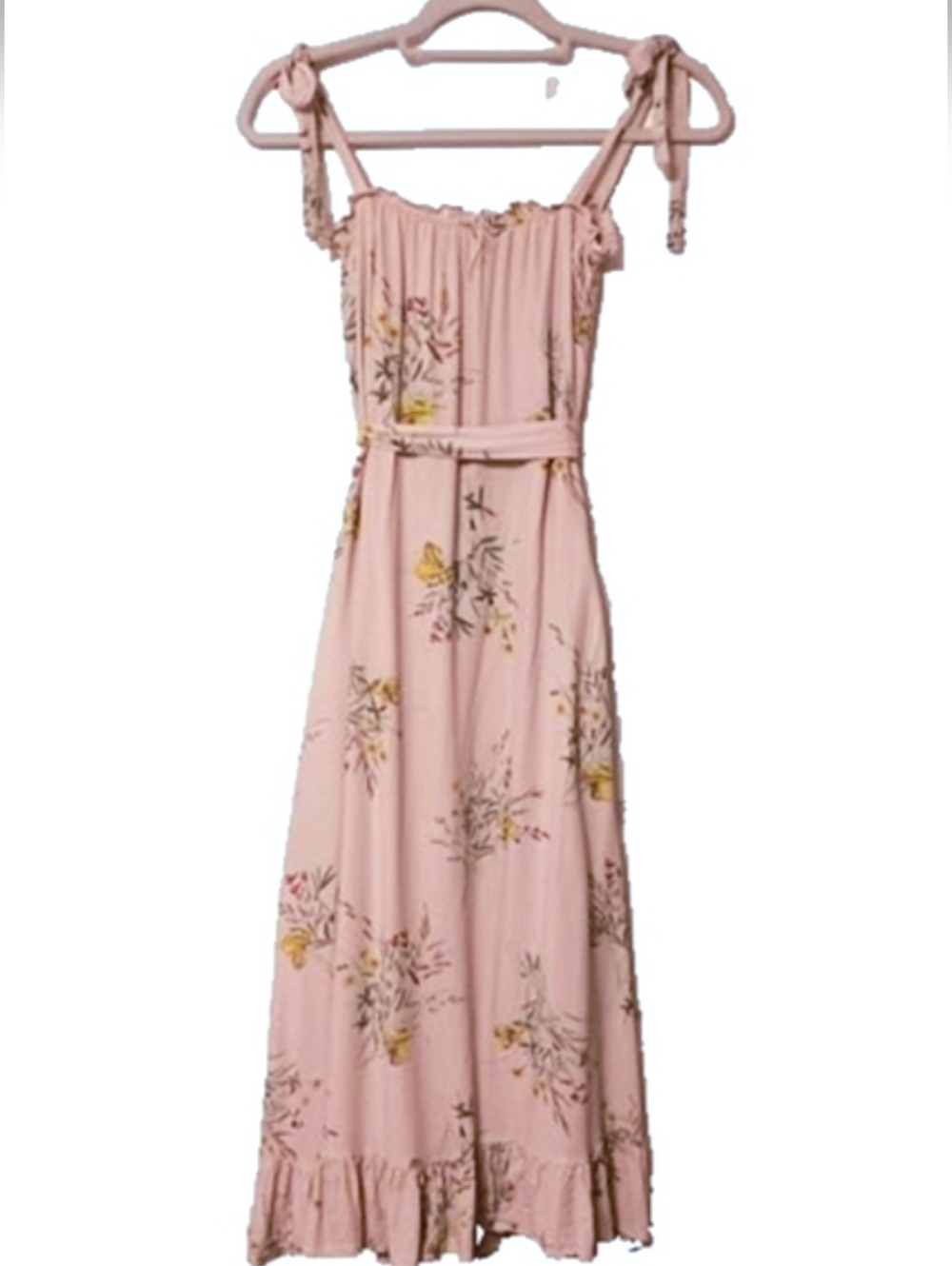 Anthropologie A Loves A Mauve Floral Tie Strap Ruffle Hem Prarie Midi Sundress - Picture 2 of 9